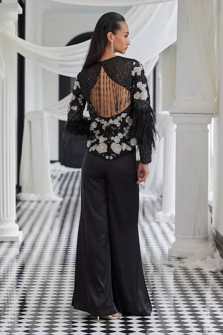 Shop Istya Black Net, Satin Embroidery Round Neck Floral Patchwork Top And Pant Set at Aza Fashions Shop_Istya_Black Net, Satin Embroidery Round Neck Floral Patchwork Top And Pant Set _at_Aza_Fashions