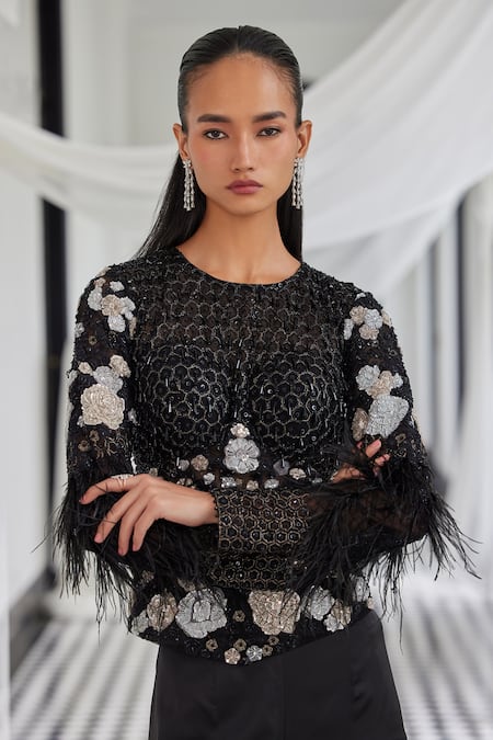 Istya Black Net, Satin Embroidery Round Neck Floral Patchwork Top And Pant Set Online at Aza Fashions Istya_Black Net, Satin Embroidery Round Neck Floral Patchwork Top And Pant Set _Online_at_Aza_Fashions