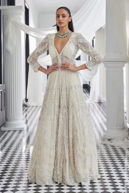 Istya Ivory Net Embellished Stone Plunge V Neck Jacket And Skirt Set 