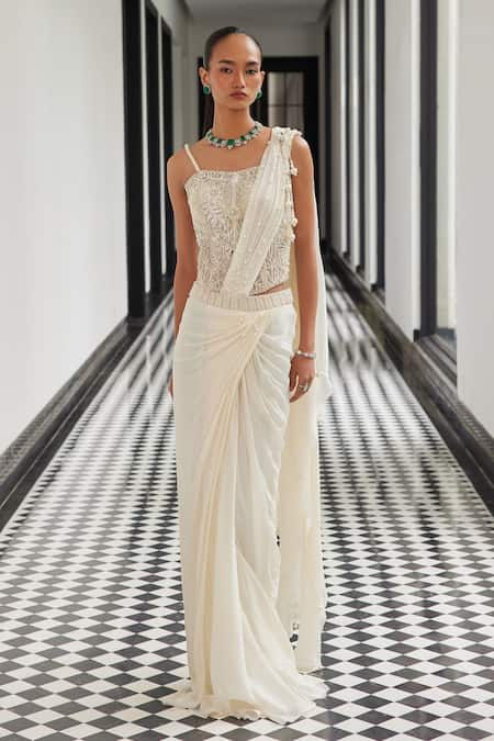 Istya Ivory Chinnon Embroidery Pearl Square Neck Pre-draped Saree With Corset Blouse 