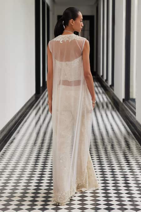 Shop Istya Ivory Chiffon Embroidery Open Neck, Sweetheart Floral Jacket Flared Pant Set at Aza Fashions Shop_Istya_Ivory Chiffon Embroidery Open Neck, Sweetheart Floral Jacket Flared Pant Set _at_Aza_Fashions