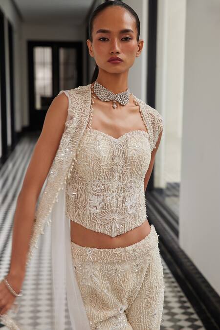 Istya Ivory Chiffon Embroidery Open Neck, Sweetheart Floral Jacket Flared Pant Set Online at Aza Fashions Istya_Ivory Chiffon Embroidery Open Neck, Sweetheart Floral Jacket Flared Pant Set _Online_at_Aza_Fashions