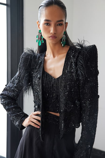 Istya_Black Organza Beads, Sequins, Feathers Embroidered Jacket Flared Pant Set _Online_at_Aza_Fashions