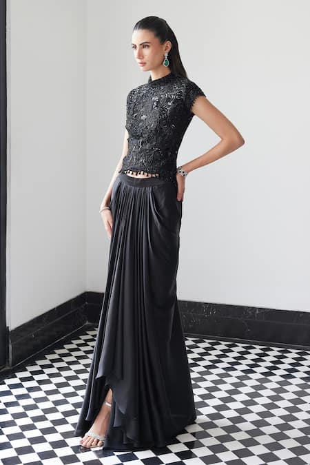 Shop Istya Black Organza, Satin Embroidery, Sequins, Beads Floral Top And Draped Skirt Set at Aza Fashions Shop_Istya_Black Organza, Satin Embroidery, Sequins, Beads Floral Top And Draped Skirt Set _at_Aza_Fashions