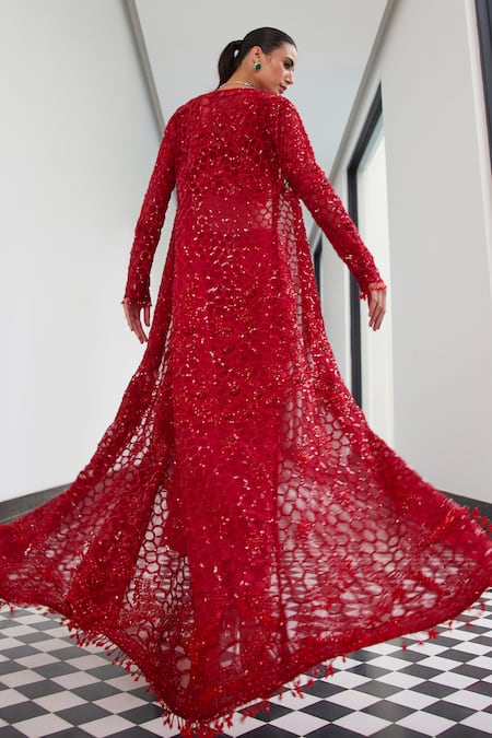 Shop Istya Red Satin, Net Sequins, Crystals, Embroidery Floral Jacket Draped Skirt Set at Aza Fashions Shop_Istya_Red Satin, Net Sequins, Crystals, Embroidery Floral Jacket Draped Skirt Set _at_Aza_Fashions
