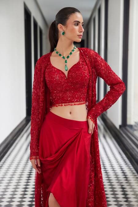 Istya Red Satin, Net Sequins, Crystals, Embroidery Floral Jacket Draped Skirt Set Online at Aza Fashions Istya_Red Satin, Net Sequins, Crystals, Embroidery Floral Jacket Draped Skirt Set _Online_at_Aza_Fashions