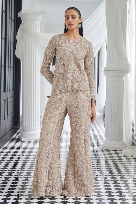 Istya Beige Net Embroidery Sequin Notched Cutdana Jacket And Flared Pant Set 