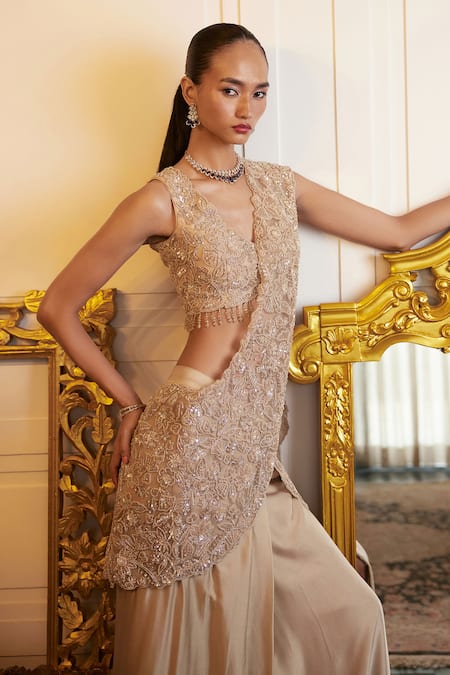 Istya_Beige Satin, Net Beads, Floral Embroidered Pre-draped Slit Saree With Blouse _Online_at_Aza_Fashions