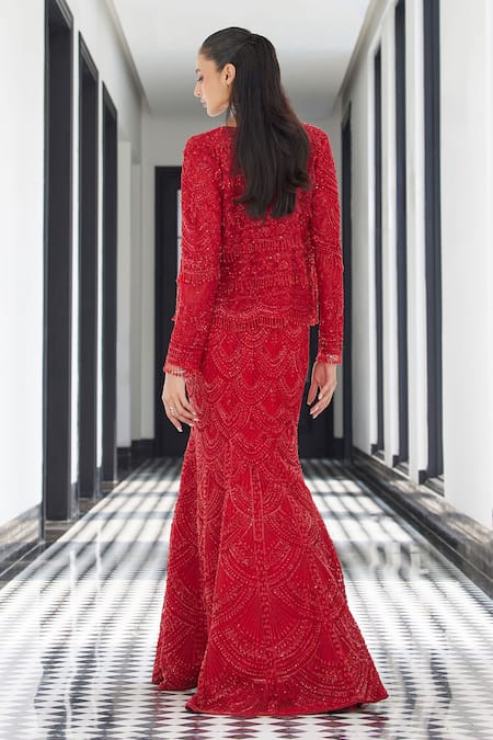 Shop Istya Red Net Sequins, Cut Work, Scallop Embroidered Jacket Fishcut Lehenga Set at Aza Fashions Shop_Istya_Red Net Sequins, Cut Work, Scallop Embroidered Jacket Fishcut Lehenga Set _at_Aza_Fashions