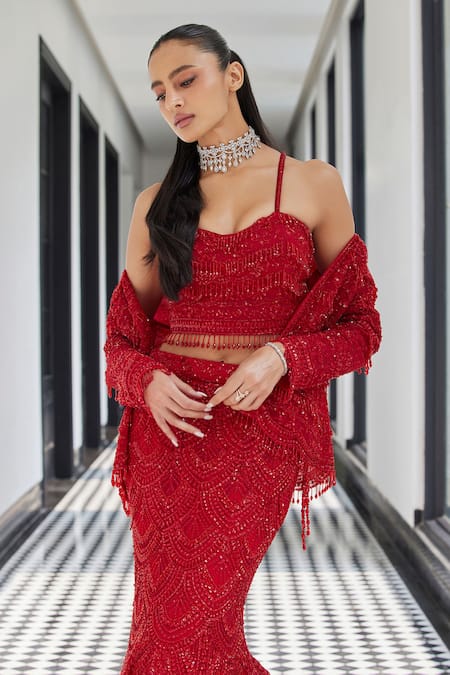 Istya Red Net Sequins, Cut Work, Scallop Embroidered Jacket Fishcut Lehenga Set Online at Aza Fashions Istya_Red Net Sequins, Cut Work, Scallop Embroidered Jacket Fishcut Lehenga Set _Online_at_Aza_Fashions