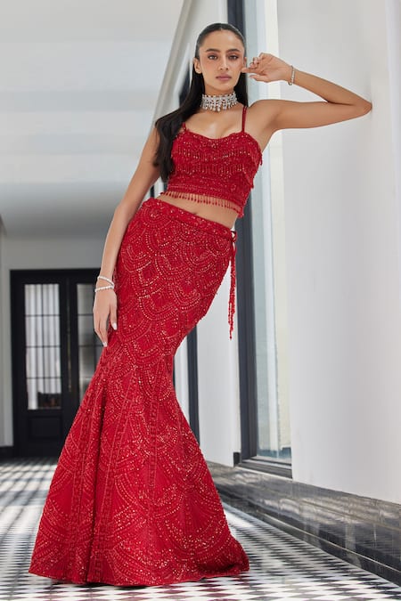 Buy Istya Red Net Sequins, Cut Work, Scallop Embroidered Jacket Fishcut Lehenga Set Online at Aza Fashions Buy_Istya_Red Net Sequins, Cut Work, Scallop Embroidered Jacket Fishcut Lehenga Set _Online_at_Aza_Fashions
