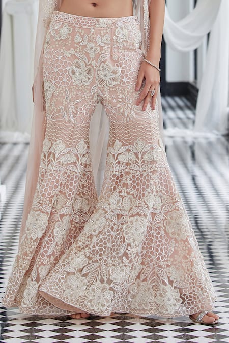 Buy_Istya_Pink Net Sequins, Beads, Cut Floral Applique Embroidered Jacket Flared Pant Set _Online_at_Aza_Fashions