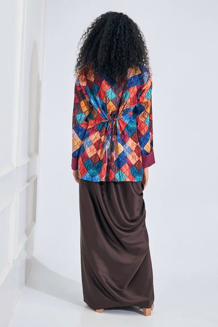 Shop NA-KA Brown Satin V-neck Draped Skirt Set With Printed Blazer at Aza Fashions Shop_NA-KA_Brown Satin V-neck Draped Skirt Set With Printed Blazer _at_Aza_Fashions