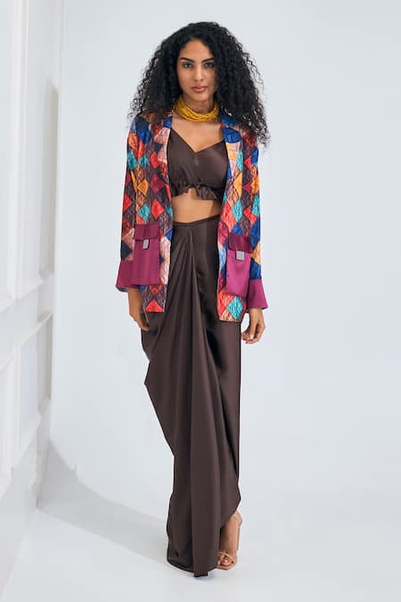NA-KA_Brown Satin V-neck Draped Skirt Set With Printed Blazer _Online_at_Aza_Fashions