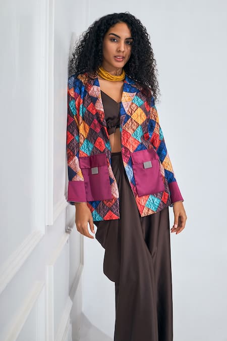 Buy_NA-KA_Brown Satin V-neck Draped Skirt Set With Printed Blazer _Online_at_Aza_Fashions