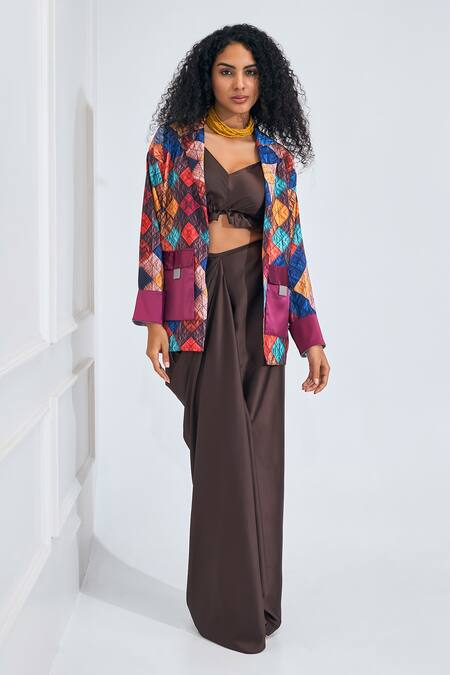 Shop_NA-KA_Brown Satin V-neck Draped Skirt Set With Printed Blazer _Online_at_Aza_Fashions