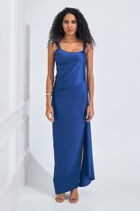 Shop_NA-KA_Blue Satin Square Neck Solid Draped High Slit Dress _Online_at_Aza_Fashions