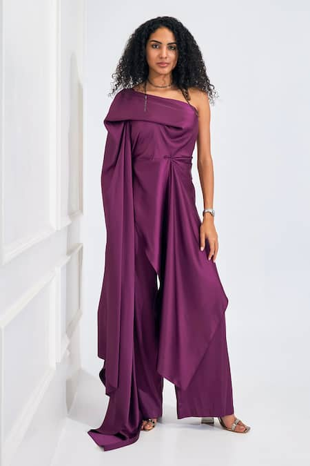 NA-KA Wine Satin Solid Asymmetric Flare Trail Side Top With Pant 