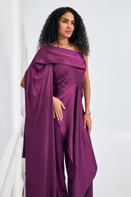 NA-KA_Wine Satin Asymmetric Flare Trail Side Top With Pant _Online_at_Aza_Fashions