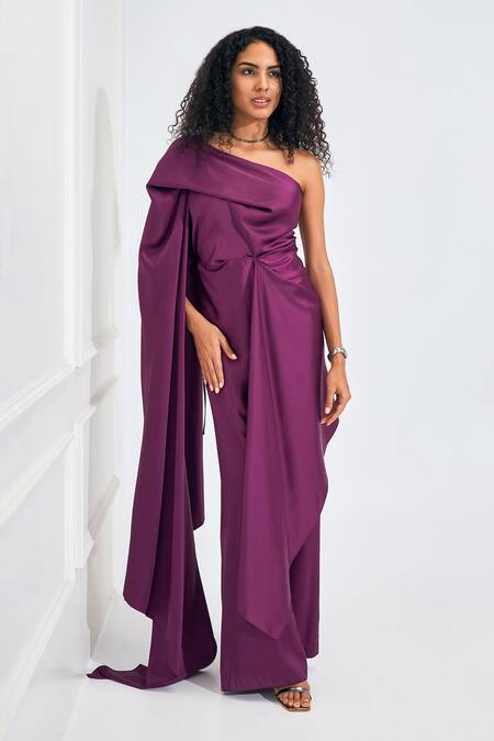 Buy_NA-KA_Wine Satin Asymmetric Flare Trail Side Top With Pant _Online_at_Aza_Fashions