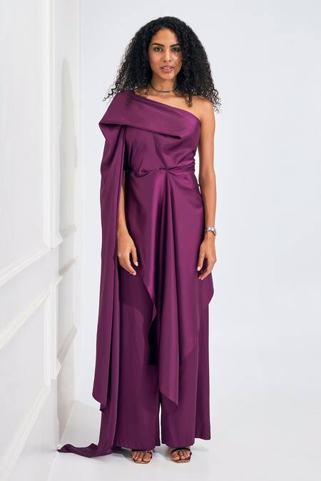 Shop_NA-KA_Wine Satin Asymmetric Flare Trail Side Top With Pant _Online_at_Aza_Fashions