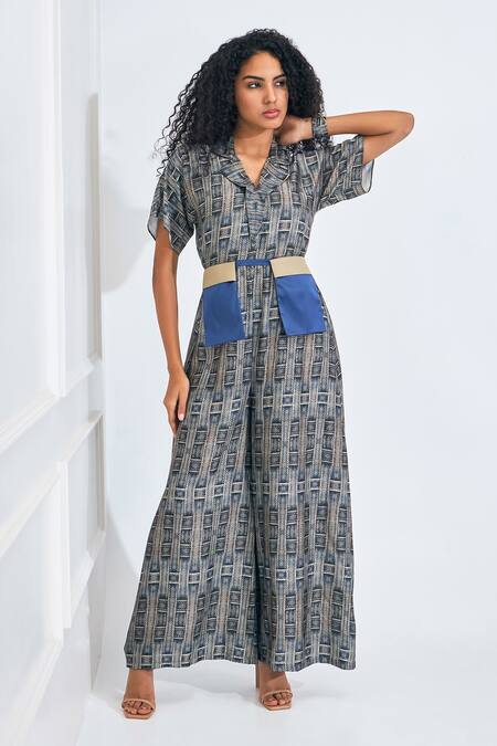 NA-KA Blue Satin Geometric Notched Lapel Geomatic Print Jumpsuit  4