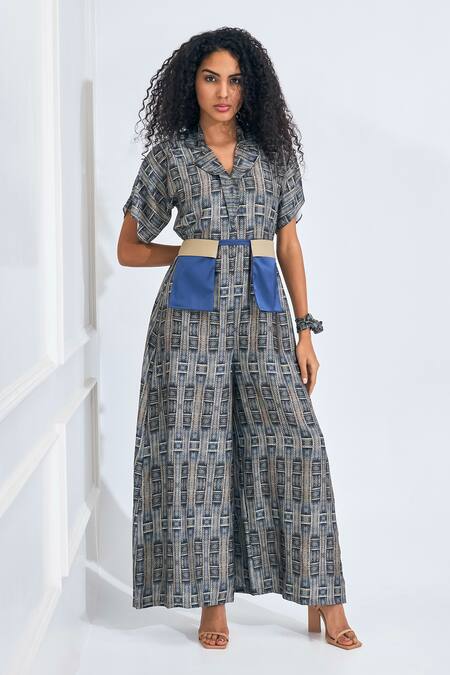 NA-KA Blue Satin Geometric Notched Lapel Geomatic Print Jumpsuit  5