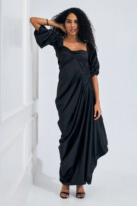 Buy_NA-KA_Black Satin Sweetheart Neck Cowl Detailed Solid Gown _Online_at_Aza_Fashions
