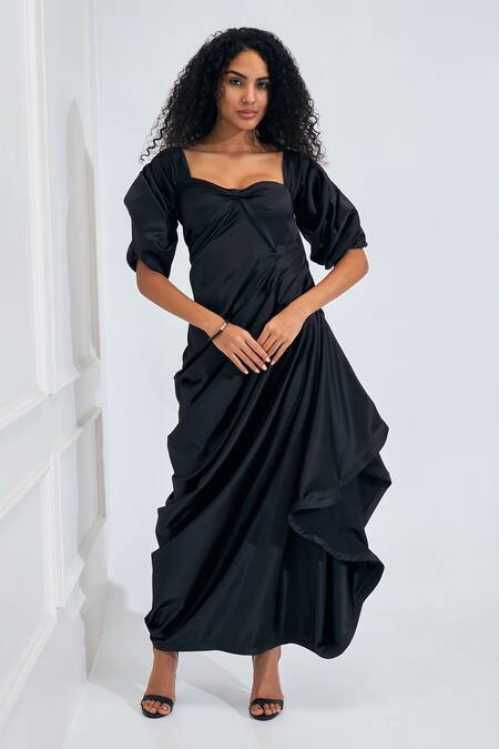 Shop_NA-KA_Black Satin Sweetheart Neck Cowl Detailed Solid Gown _Online_at_Aza_Fashions