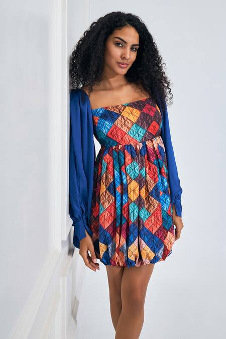 NA-KA_Multi Color Satin Square Neck Geomatic Print Short Dress _Online_at_Aza_Fashions