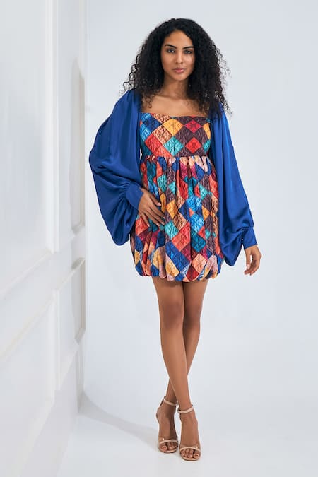 Buy_NA-KA_Multi Color Satin Square Neck Geomatic Print Short Dress _Online_at_Aza_Fashions