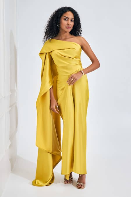 Buy_NA-KA_Yellow Satin Asymmetric Flare Trail Side Top Maxi Dress _Online_at_Aza_Fashions