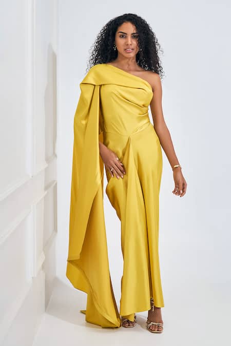 Shop_NA-KA_Yellow Satin Asymmetric Flare Trail Side Top Maxi Dress _Online_at_Aza_Fashions