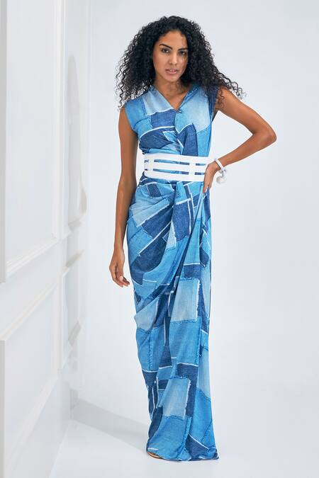 Shop_NA-KA_Blue Satin V-neck Patchwork Print Drape Gown _Online_at_Aza_Fashions