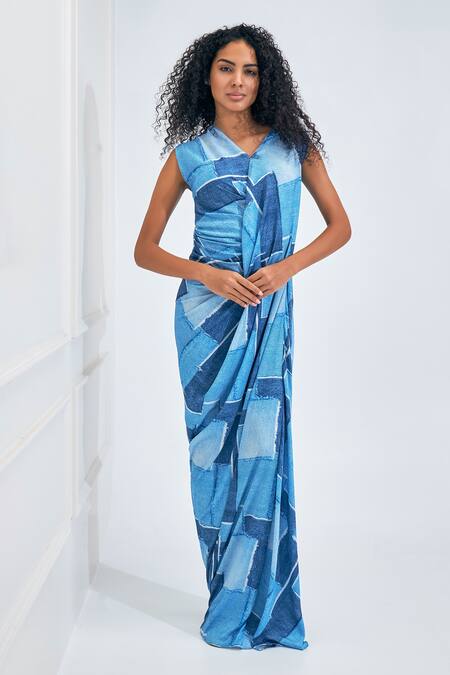 NA-KA_Blue Satin V-neck Patchwork Print Drape Gown _at_Aza_Fashions