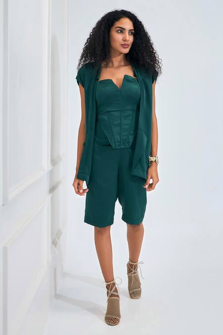 NA-KA_Green Satin, Modal Open Neck Solid Bermuda Set With Blazer Jacket _Online_at_Aza_Fashions
