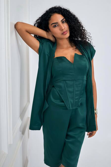Buy_NA-KA_Green Satin, Modal Open Neck Solid Bermuda Set With Blazer Jacket _Online_at_Aza_Fashions