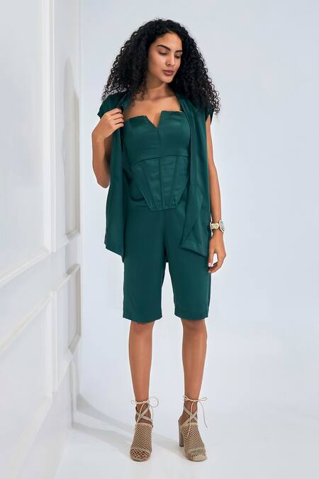 Shop_NA-KA_Green Satin, Modal Open Neck Solid Bermuda Set With Blazer Jacket _Online_at_Aza_Fashions