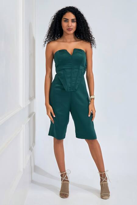 NA-KA_Green Satin, Modal Open Neck Solid Bermuda Set With Blazer Jacket _at_Aza_Fashions
