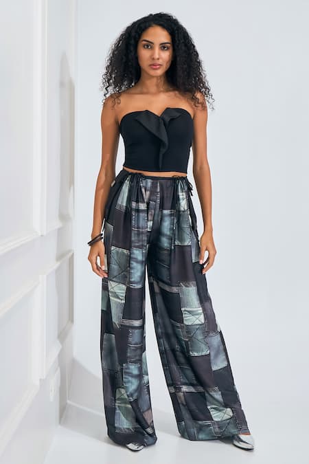 NA-KA Lapel Flap Detailed Crop Top With Printed Pant 