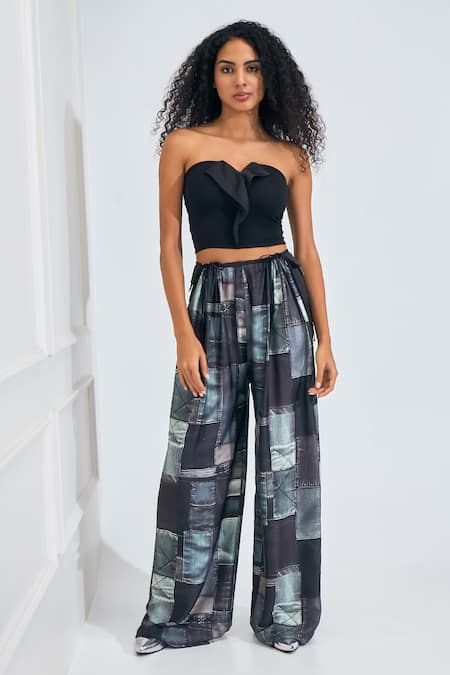 NA-KA_Black Satin, Kota Doria Patchwork Lapel Flap Detailed Crop Top With Printed Pant _Online_at_Aza_Fashions