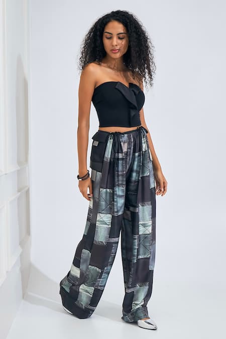 Shop_NA-KA_Black Satin, Kota Doria Patchwork Lapel Flap Detailed Crop Top With Printed Pant _Online_at_Aza_Fashions