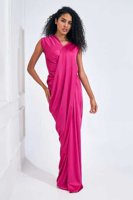 Shop_NA-KA_Fuchsia Satin Bows V-neck Gathered Detailed Drape Gown _Online_at_Aza_Fashions