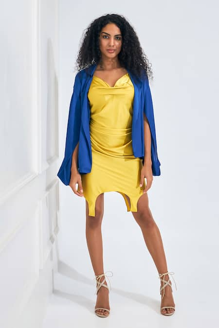 NA-KA Yellow Satin Solid Dress Cowl Neck With Contrast Blazer Jacket 