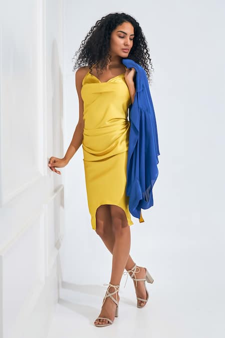 Shop_NA-KA_Yellow Satin Cowl , Open Dress With Contrast Blazer Jacket _Online_at_Aza_Fashions