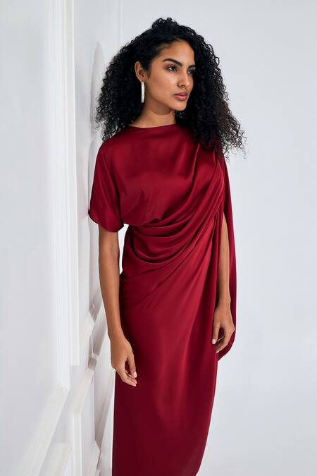 Shop_NA-KA_Red Satin Round Neck Plead Detailed Solid Dress _Online_at_Aza_Fashions