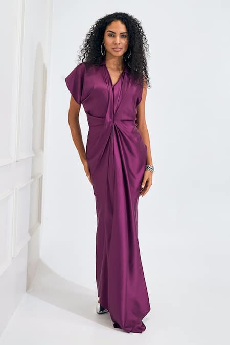 NA-KA_Wine Satin Collared Neck Solid Gown _Online_at_Aza_Fashions