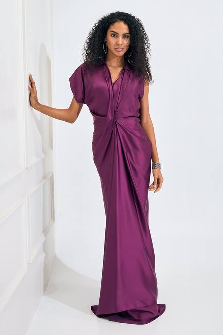 Shop_NA-KA_Wine Satin Collared Neck Solid Gown _Online_at_Aza_Fashions