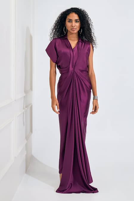 NA-KA_Wine Satin Collared Neck Solid Gown _at_Aza_Fashions