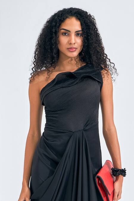 Buy NA-KA Black Satin Asymmetric One Shoulder Solid Gown Online at Aza Fashions Buy_NA-KA_Black Satin Asymmetric One Shoulder Solid Gown _Online_at_Aza_Fashions
